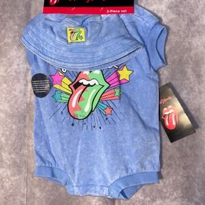 NWT The Rolling Stones Baby Romper and Bucket Hat Set Blue Acid Wash 3-6M